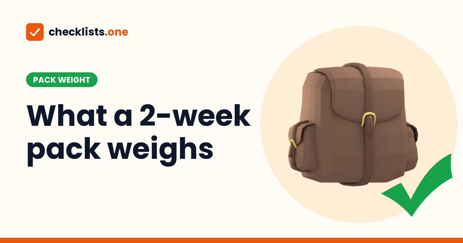 Clipart of a brown backpack with side pockets and a large green tick, on a pale orange circle