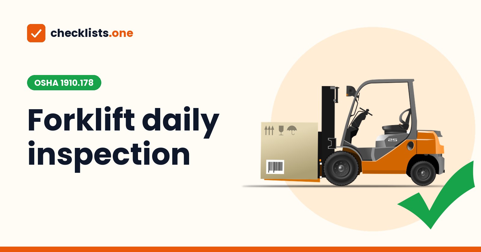 Clipart of an orange forklift carrying a cardboard box, with a large green tick, on a pale orange circle